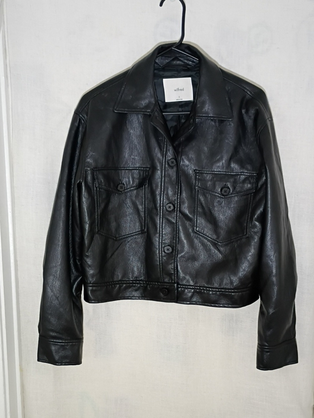 Wilfred Black Faux Leather Button-Up Trucker Jacket